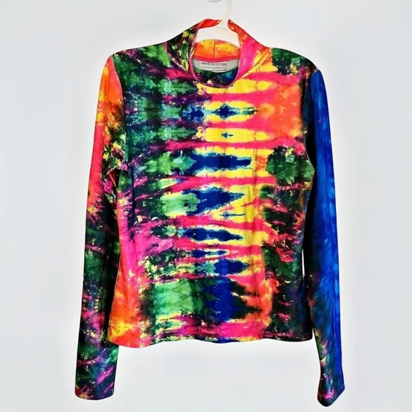 Urban Outfitters Atlas Tie-Dye Turtleneck Top Womens Size Medium Rainbow Stretch - Picture 2 of 11